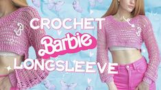 two women in pink outfits with butterflies on the background and text crochet barbie longsleeve