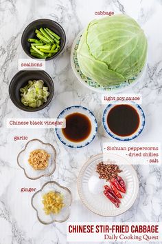 ingredients for chinese stir - fried cabbage soup laid out on a marble counter top with text overlay