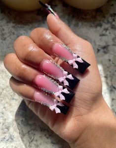 Pink And Black Nails Acrylic, Vacation Nails Black Women, French Acrylic Nails