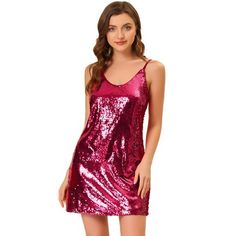 Allegra K Women's Glitter Sequin Spaghetti Strap V Neck Party Cocktail Sparkly Mini Dress Wine Red Small Flirty Sequin Dress With Spaghetti Straps For Party Season, Sequin Spaghetti Straps Dress For Club Party Season, Sequin Spaghetti Strap Dress For Party Season, Spaghetti Strap Halloween Party Dress, Halloween Party Dress With Spaghetti Straps, Holiday Party Sequin Dress With Spaghetti Straps, Holiday Party Mini Dress With Spaghetti Straps, Halloween Party Mini Dress, Pink Halloween Party Dress