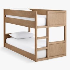 a wooden bunk bed with white sheets and pillows on top of it, against a white background