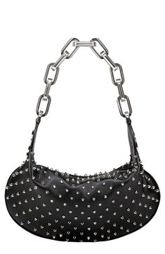 Signature spikes shine like edgy armor on this napa-leather shoulder bag that's crafted in Italy in a contemporary shape and features a chunky chain strap. Top zip closure Chain shoulder strap Red-leather lining Leather Made in Italy Designer Handbags Leather Party Shoulder Bag With Rivets, Leather Shoulder Bag With Rivets For Party, Party Leather Shoulder Bag With Rivets, Edgy Evening Shoulder Bag With Silver-tone Hardware, Luxury Evening Shoulder Bag With Rivets, Cl Logo, Bags Inspiration, Edgy Bags, Collage Elements