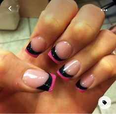 French Tip Nail Art Summer, Pink And Black Manicure, Pink Nails With Black Tips, Pink And Black French Tip Nails, Black And Red French Tip Nails, Different French Manicure Ideas, French Manicure Acrylic Nails, Tips Nails, French Pedicure