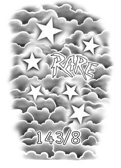 the word rare is surrounded by stars in black and white, on a background of clouds