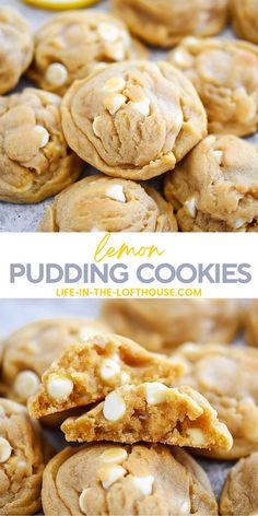 lemon pudding cookies are stacked on top of each other with white chocolate chips in the middle