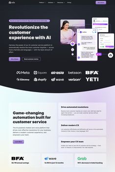 the website design for an appliance company is shown in purple and black colors