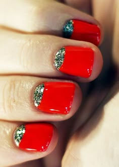 Red nails // half-moon glitter CLICK.TO.SEE.MORE.eldressico.com Reverse French Nails, Reverse French, Moon Manicure, Red Nail Designs, Nail Envy, Nails And Hair, Nails And Makeup