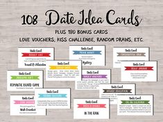 the 12 date idea cards are shown with different colors and font on them, including one for