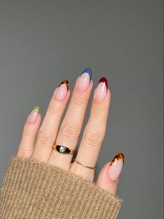 #nails #nailart #fallnails #tortoiseshellnails #tortienails #jewelry #bluenails #brownnails Vacation French Nails, Neutral But Fun Nails, Pink Tortoise Shell Nails, Tortus Shell Nails, Tortious Shell Nails, Multi Color French Tip Nails, Fall Skittle Nails, French Nails Color, Nail Ideas Unique