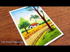 a card with an image of a farm scene on it and the words oil pastel drawing