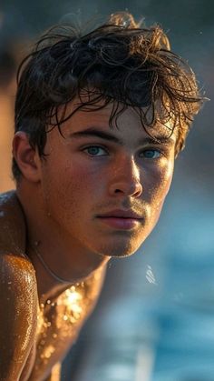 a young man with wet hair and blue eyes