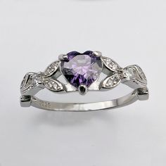 white gold amethyst engagement ring,  heart shaped ring, bridal jewelry jewelry Purple Heart Ring For Wedding On Valentine's Day, Elegant Purple Heart Ring For Anniversary, Purple Heart Ring For Valentine's Day Wedding, Silver Heart-shaped Birthstone Ring With Gemstone, Purple Heart Cut Ring For Anniversary, Elegant Purple Heart Promise Ring, Silver Heart-shaped Birthstone Ring, Elegant Amethyst Heart Promise Ring, Purple Amethyst Heart Cut Ring For Valentine's Day