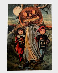 an old fashioned halloween card with two children