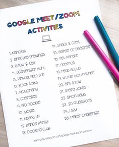 a printable google meet / zoom activities list on a table with two pencils