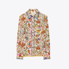 Tory Burch Button Down Shirt Contrast Binding With Piping. Promised Land Pattern Very Good Ocndition No Flaws Designer Collared Tops With Floral Print, Designer Button-up Blouse With Floral Print, Designer Floral Print Button-up Blouse, Designer Daywear Blouse With Floral Print, Designer Floral Print Blouse For Daywear, Designer Multicolor Button-up Tops, Multicolor Buttoned Shirt For Daywear, Designer Long Sleeve Yellow Tops, Multicolor Spread Collar Blouse For Spring