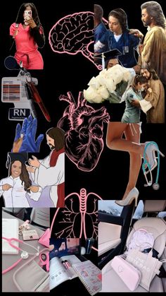 a collage of images with people and medical equipment in them, including the human body