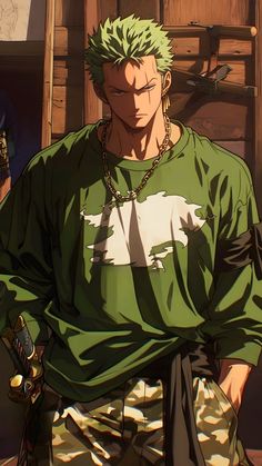 an anime character with green hair standing in front of a wooden structure and looking at the camera