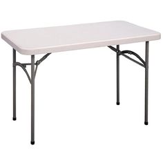 a white plastic table with black legs