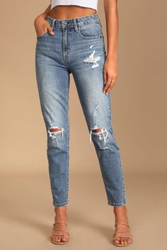 Medium Wash Denim Jeans - Mom Jeans - Ripped Denim Jeans - Lulus Black Lace Bodysuit, Lulu Fashion, High Waisted Mom Jeans, 60 Fashion, Stretchy Jeans, June 2024, Spring Trends, Clothes Ideas, Slim Pants