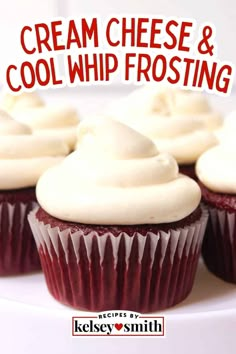 red velvet cupcakes with cream cheese and cool whip frosting are on a white plate