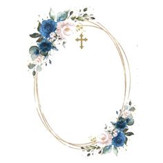 a wreath with flowers and a cross in the center on a white background, watercolor