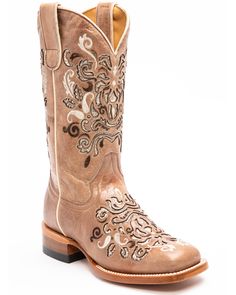 Shyanne Women's Tan Verbena Western Boots - Square Toe, Tan Shyanne Boots, Cute Cowgirl Boots, Boots Country, Western Embroidery, Bota Country, Womens Cowgirl Boots, Leather Embroidery, Inlay Design, Wedding Boots