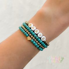 Be Brave. This beautiful  turquoise and 18k gold filled bead bracelet stack is handmade with love by a mama to two little girls! This bracelet is a great reminder in trying times and it's classy and neutral style will go with so many outfits!  Purchase the individual bracelets you want, or purchase the whole stack.  I hope you enjoy this fun and sweet little accessory.  Create and personalize your own stack with this listing. ❤ HELPFUL TIPS ❤  ❤ All customizations and wording changes can be left Big Sister Bracelet, Bead Bracelet Stack, Rubber Band Crafts, Western Bracelets, Stretchy Beaded Bracelet, Sister Bracelet, Gold Bracelet Set, Neutral Style, Bracelets Handmade Beaded