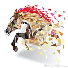 the horse is made up of many different colored triangles and has an interesting shape to it's body