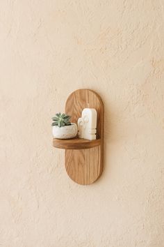 a wooden shelf with a succulent plant on it next to a white wall