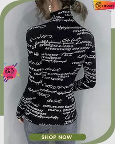 Daily Long Sleeve Regular Fit Text Letters Turtleneck T-shirt Black Printed Tops For Fall, Black Printed Top For Fall, Trendy Long Sleeve Printed T-shirt, Winter Stretch Printed Top, Black Stretch Printed Tops, Trendy Graphic Print Winter T-shirt, Trendy Long Sleeve T-shirt With Letter Print, Winter Stretch Tops With Graphic Print, Trendy Spring Top With Name Print