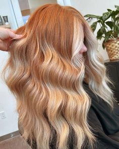 Copper Blonde Hair Money Piece, Copper Blonde Color Melt, Red Hair With Blonde Face Framing, Ginger Hair With Red Highlights, Blonde With Copper Peekaboo, Ginger Balayage Blonde, Ginger Hair Blonde Money Piece, Ginger Hair Color With Blonde Highlights, Copper Hair Blonde Money Piece