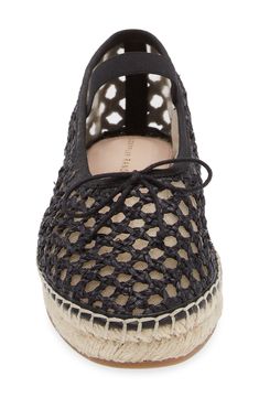 Woven raffia and delicate mesh create a boho aesthetic on an espadrille-inspired mary jane set on a jute-wrapped platform and durable rubber sole. 3/4" platform Elasticized strap Synthetic and textile upper/synthetic, textile and leather lining/rubber sole Imported Chic Woven Round Toe Espadrilles, Chic Woven Leather Espadrilles For Spring, Elegant Closed Toe Espadrilles For Spring, Elegant Black Espadrilles For Beach, Elegant Straw Espadrilles For Spring, Elegant Natural Espadrilles For Spring, Elegant Black Summer Espadrilles, Chic Woven Leather Espadrilles, Chic Ballet Flats With Woven Sole