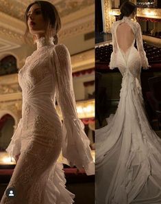 the back of a wedding dress with long sleeves and ruffled skirt, in white