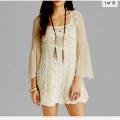 Nwt, Size M So Cute Retails For $168 Cream Crochet Dress With Lace Trim, Spring Festival Dress With Lace Sleeves, Bohemian Crochet Dress For Spring Brunch, Beige Crochet Dress For Spring, Cream Crochet Dress With Crochet Trim, Bohemian Beige Lace Mini Dress, Bohemian Crochet Lace Dress For Brunch, Festival Dresses With Lace Sleeves, Lace Sleeve Dresses For Festivals