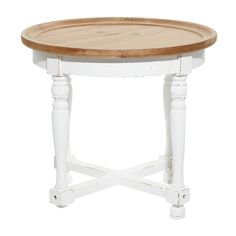 a round wooden table with white legs and a wood top on an isolated white background