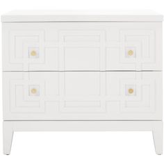 a white dresser with two drawers and gold handles