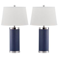 two blue lamps with white shades on each lamp and one is turned on the other side