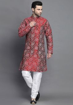 Art Silk Kurta in Maroon. This Readymade attire is Enhanced with Block Print. Crafted in Chinese Collar Neck and Full SleeveAvailable with an Art Silk Churidar in White. Do note: Footwear shown in the image is for presentation purposes only. Half to one inch may vary in measurement. (Slight variation in actual color vs. image is possible) We sell all kinds of menswear. Mens Kurta | Mens Kurta Pajama | Mens Sherwani | Mens Sherwani Sets | Traditional Menswear | Partywear Menswear | Indian Mens Dr Red Traditional Wear With Printed Motifs For Transitional Season, Red Kurta With Printed Motifs In Traditional Drape, Transitional Red Kurta With Printed Motifs, Red Art Silk Kurta For Transitional Season, Red Kurta With Printed Motifs For Festive Occasions, Multicolor Long Sleeve Traditional Wear For Diwali, Red Printed Wedding Kurta, Multicolor Long Sleeve Kurta For Festivals, Festive Multicolor Traditional Wear With Long Sleeves