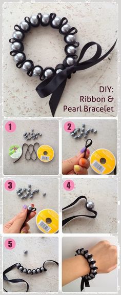 instructions to make a ribbon bracelet with pearls