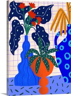 a painting of three vases with flowers in them on a blue tablecloth background