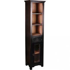 a tall wooden cabinet with glass doors on the front and bottom shelves in dark wood