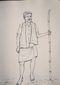 a drawing of a man holding a stick