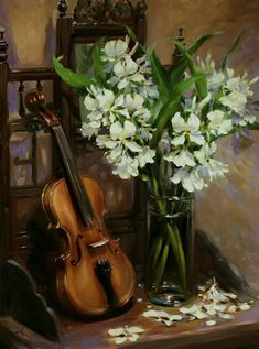 a painting of white flowers in a vase next to a violin on a wooden table