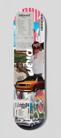 a skateboard is covered in photos and words on it's side, with the image of a man standing next to a car