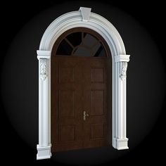 an arched wooden door with white columns and arches on the sides, against a black background