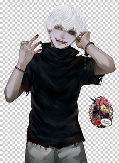 an anime character with white hair and black shirt holding his hands up to his face