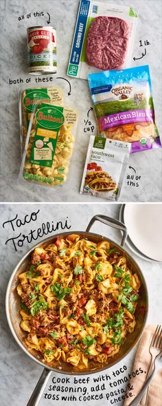 the ingredients for this pasta dish are shown in two separate pictures and labeled on each side