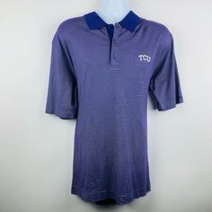 Cutter & Buck Men's Golf Polo Shirt - Microstripe, TCU logo on chest. Size:                 Large Color:               Purple Fabric Content:  74% pima cotton; 26% micro polyester Measurements:  Please see last photo.  Measurements are taken with garment laying flat. Thanks a bunch for supporting a small business!  Be sure and visit my store at South of Martindale for more quali Purple Polo Shirt, Purple Moisture-wicking T-shirt For Sports, Blue Moisture-wicking T-shirt For Golf, Moisture-wicking Short Sleeve Polo Shirt For Golf, Blue Short Sleeve Golf T-shirt, Purple Fabric, Mens Golf, Golf Polo Shirts, Golf Polo