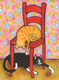 a painting of a cat sitting on a red chair next to a black and white cat