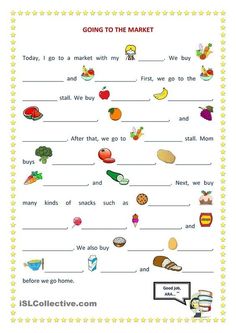 the worksheet for going to the market is filled with words and pictures, including fruits